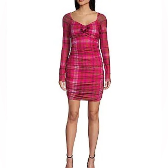 Chelsea & Violet Long Sleeve Plaid Printed Rosette Mesh Dress - Picture 2 of 7